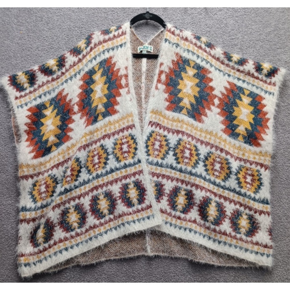 Rockin C Open Front Poncho Cardigan S/M Ivory Aztec Fuzzy Knit Boho Festival